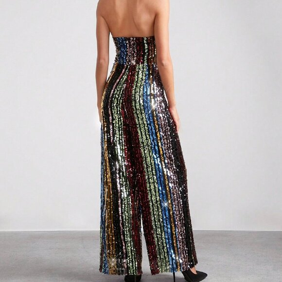 Rainbow Multicolor Sequin Party Halter Neck Women's Jumpsuit - Picture 3 of 7